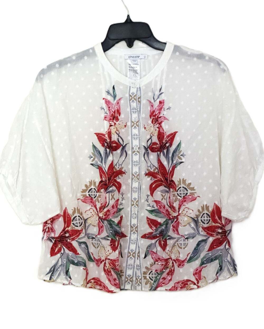 Chico's Floral Embroidered Cotton Sheer Blouse Size 1 US 8 M Dolman Sleeve